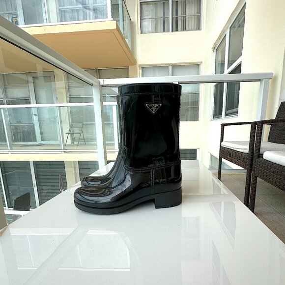 PRADA Black Sport Mid Calf Rubber Rain Boots Women Size 7 - Picture 4 of 12